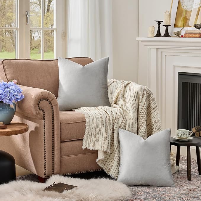 GIGIZAZA Velvet Silver Grey Pillow Covers 20x20 Set of 2 Square Throw Pillow Covers Modern Decorative Pillows for Living Room Couch Luxury Big Pillow Cases