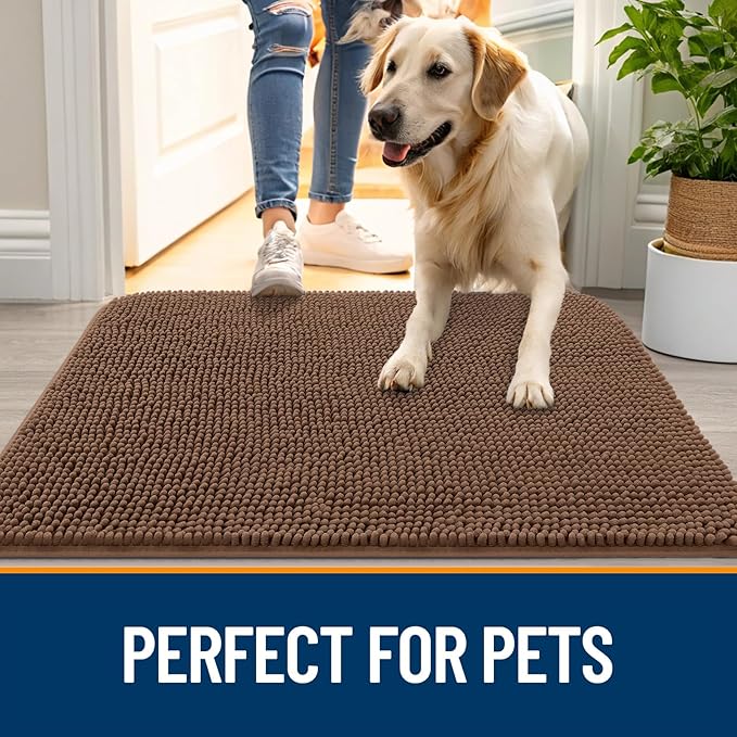 OLANLY Dog Door Mat for Muddy Paws 44x32, Absorbs Moisture and Dirt, Absorbent Non-Slip Washable Doormat, Quick Dry Chenille Mud Mat for Dogs, Entry Indoor Entryway Carpet for Inside Floor, Mocha