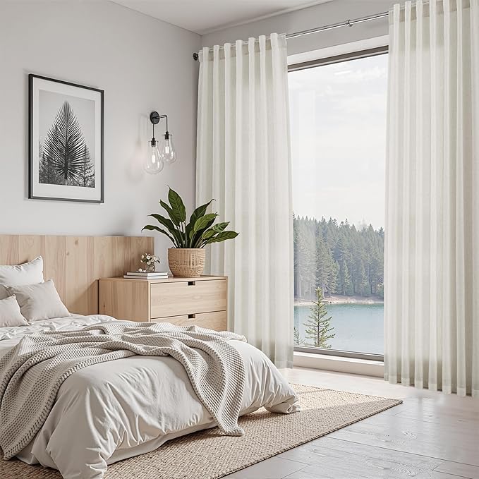 Nanspring Mousse White Linen Curtains for Living Room 72 Inches Long Luxury Light Filtering Semi Sheer Curtain Back Tab Simple Modern Elegant Coastal Decor Drapes for Bedroom Office 52x72, 2 Panels
