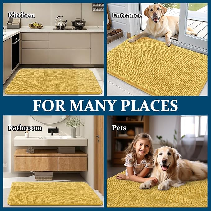 OLANLY Dog Door Mat for Muddy Paws 54x24, Absorbs Moisture and Dirt, Absorbent Non-Slip Washable Doormat, Quick Dry Chenille Mud Mat for Dogs, Entry Indoor Entryway Carpet for Inside Floor, Yellow