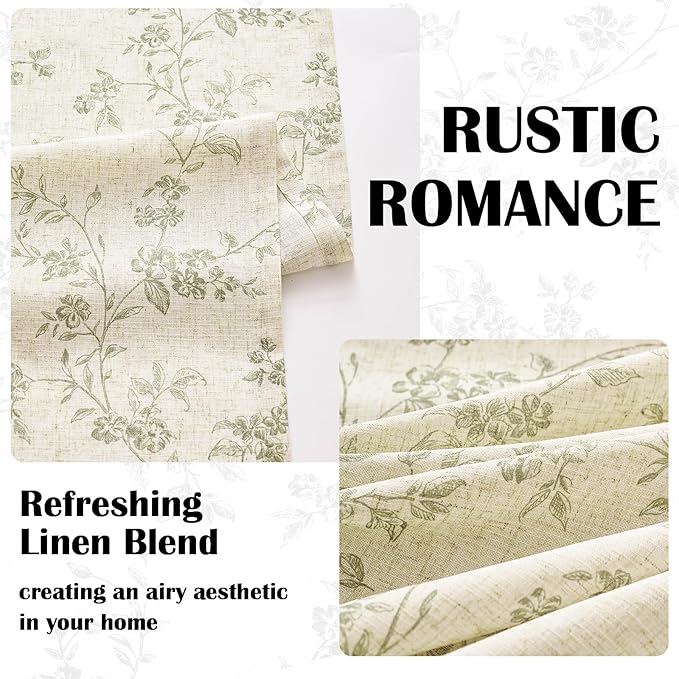 Lazzzy Green Floral Linen Curtains 96 Inch Farmhouse Back Tab Drapes for Living Room Bedroom Light Filtering Vintage Grandmillennial Rod Pocket Curtains, 2 Panels, W38 x L96, Green on Beige