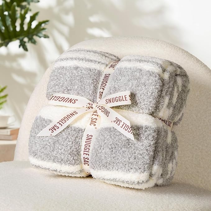 Snuggle Sac Queen Size Bedding Blankets, Super Soft Warm Blankets Cozy Knit Fuzzy Oversized Blankets for Bed, Stripe Grey, 90"x90"