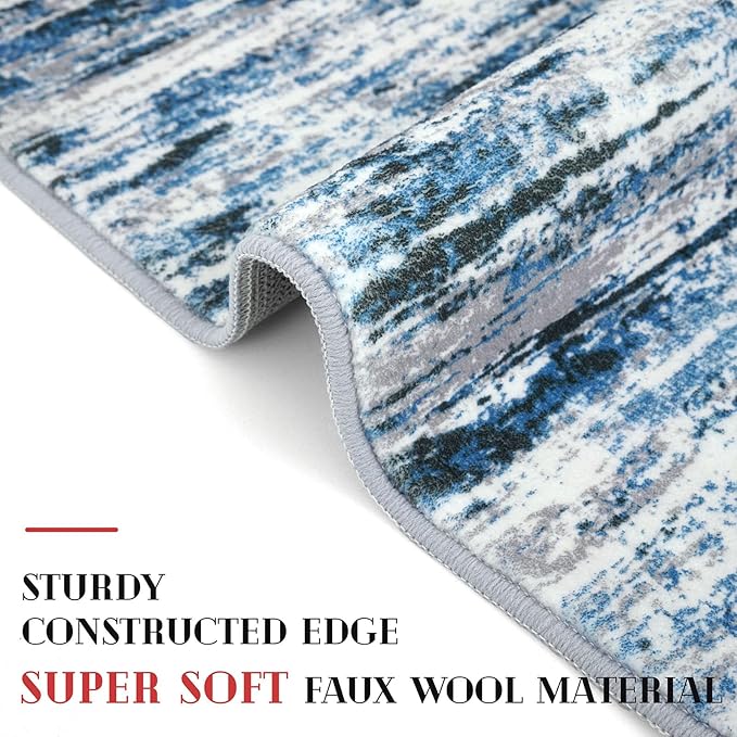 Lansny Modern Abstract Bedroom Runner Rug 2x7, Grey Blue White Washable Kitchen Runner, Non-Slip Soft Thin Faux Wool Mat for Entryway, Hallway, Laundry Room, Indoor Home Decor