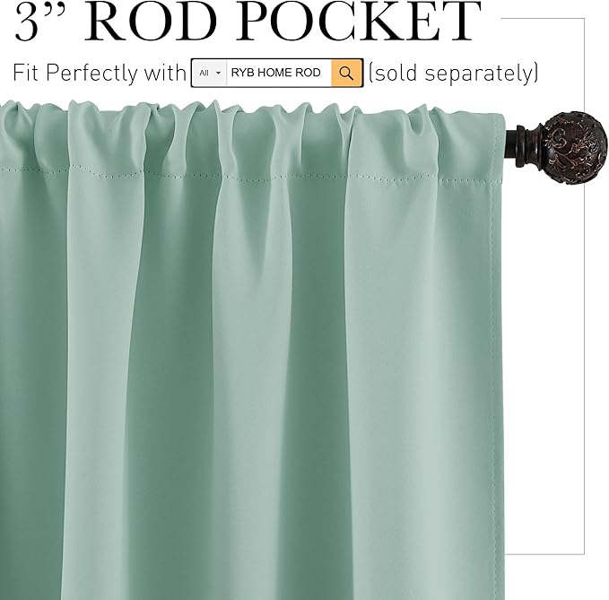 RYB HOME Blackout French Door Window Curtain Covering, Rod Pocket Thermal Insulated Privacy Non See Through Drapes for Bathroom Window, Width 29 by Length 45, Aqua, 2 Panels