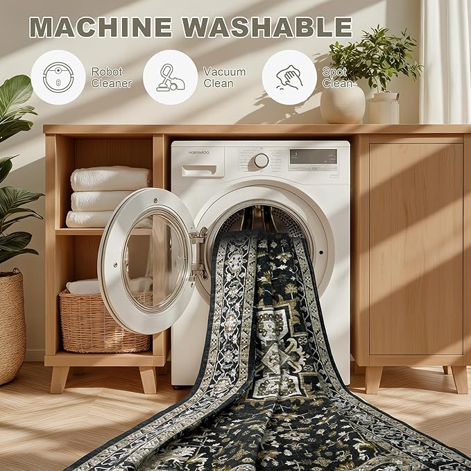 Area Rugs 10x12 Living Room Rug: Washable Rug Soft Vintage Boho Medallion Carpet Indoor Non-Slip Stain Resistant Large Carpets for Bedroom Dining Room Farmhouse Nursery Home Office Black Gold