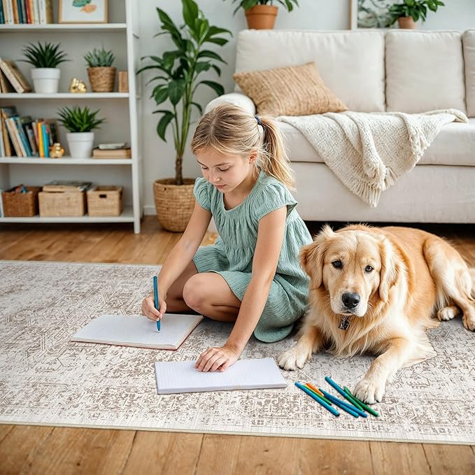 4x12 Washable Hallway Runner Rug - Wide Kitchen Runners Vintage Low Pile Carpet Soft Thin Floor Runner with Rubber Backing for Entryway Bedroom Living Room Home Decor (Cream/Camel)