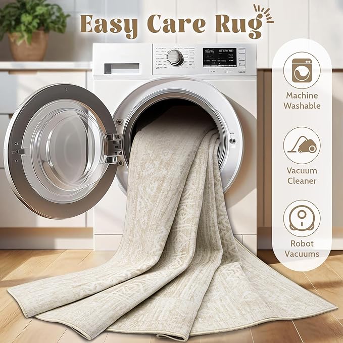 Washable Area Rug 5x7: Moroccan Rug for Living Room Geometric Boho Rug Farmhouse Non Slip Stain Resistant Rugs Low Pile Soft Carpet for Bedroom Dining Room Home Office Kids Room (Ivory Beige,5'x7')