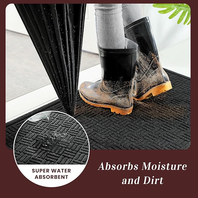 Mibao Front Door Mat Indoor Outdoor Entrance, Dirt Trapping Waterproof All-Season, All-Weather Doormat, Non-Slip Durable Natural Rubber Low Profile Easy Clean Patio Entrance Mat, 47" x 31.5", Black