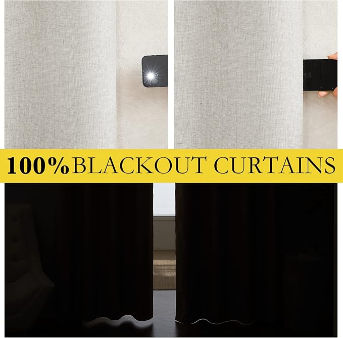 NICETOWN Linen Blackout Curtains for Kitchen, Ivory, 2 Panels, 42" Wide x 54" Long, Short Kitchen Burlap Linen 100% Blackout Drape Panels for Night Shift, Great Job for Blocking Light