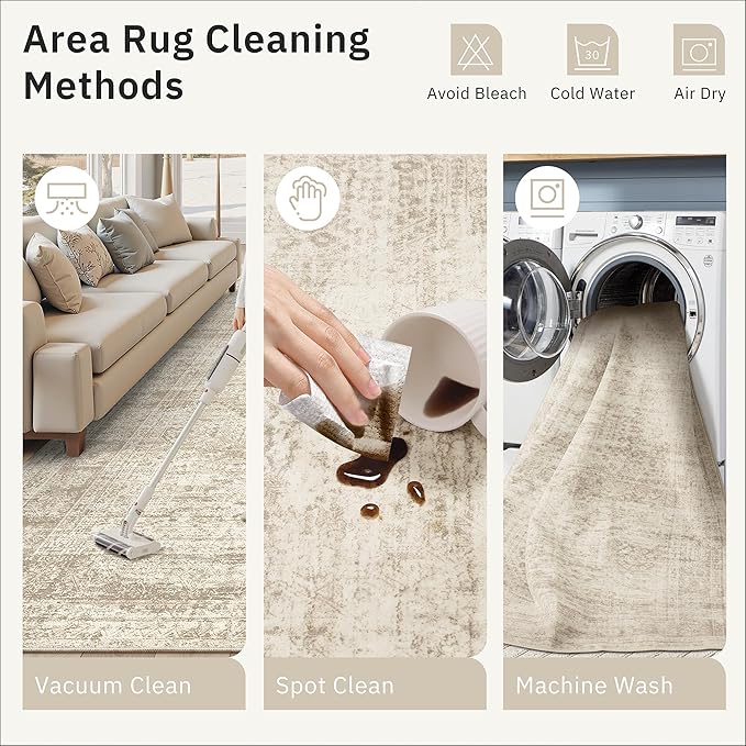 5x7 Area Rugs Beige Low Pile Indoor Washable Trendy Faded Style Rugs for Bedroom Living Room Dining Room Foldable Non-Slip Thin Print Home Office Mat