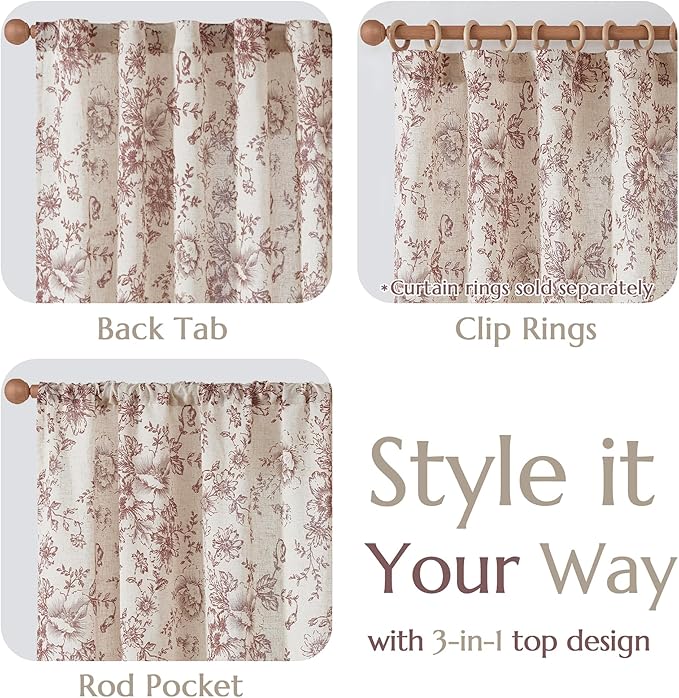 jinchan Linen Blend Curtain Floral Curtains for Living Room 90 Inch Length Farmhouse Brick Red Printed Curtain Rod Pocket Back Tab Peony Flower Patterned Drapes Curtains Set 2 Panels
