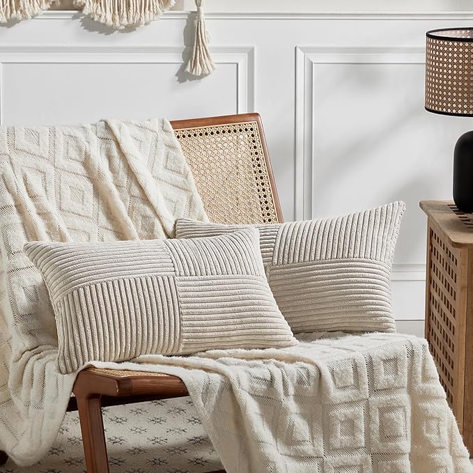 Fancy Homi 2 Packs Neutral Taupe Lumbar Decorative Throw Pillow Covers 20x28 Inch for Living Room Couch Bed Sofa, Farmhouse Home Decor, Soft Striped Corduroy Rectangle Accent Cushion Case 50x70 cm