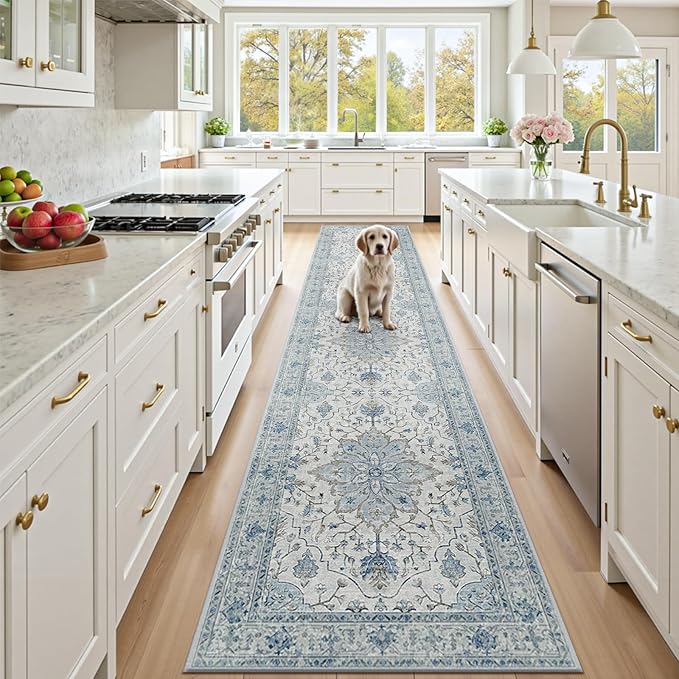 Area Rugs 2'6''x14' Runner Rug Non Slip Washable for Kitchen Hallway Bedroom Beside Laundry Room Bathroom Rug, Floor Carpet, Light Blue Navy Beige Gray White