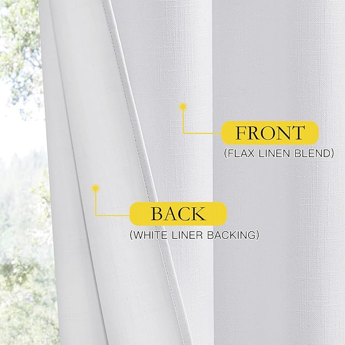 NICETOWN 100% Absolutely Blackout Linen Curtains with Thermal Insulated White Liner, White, 34 inches Wide, 90 inches Length Energy Saving Curtains for Living Room 2 Panels Set, Vertical Blinds