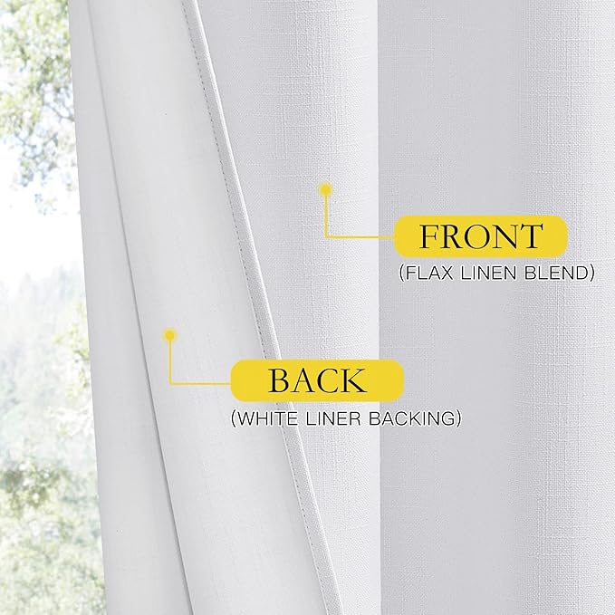 NICETOWN 100% Absolutely Blackout Linen Curtains with Thermal Insulated White Liner, 62" Wide, 2 Panels, 84 inches Long Drapes, Grommet Retro White Linen Curtains Vertical Drapes Privacy for Bedroom