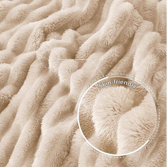 Exclusivo Mezcla King Size Flannel Fleece Blanket, Super Soft Striped Jacquard Bed Blanket, Lightweight Fuzzy Cozy for All Seasons, 90x104 Inches, Beige