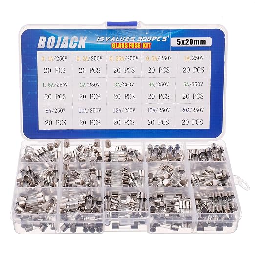 BOJACK 15 Values 300pcs Fast-Blow Glass Fuses Assortment Kit 5x20mm 250V 0.1 by BOJACK