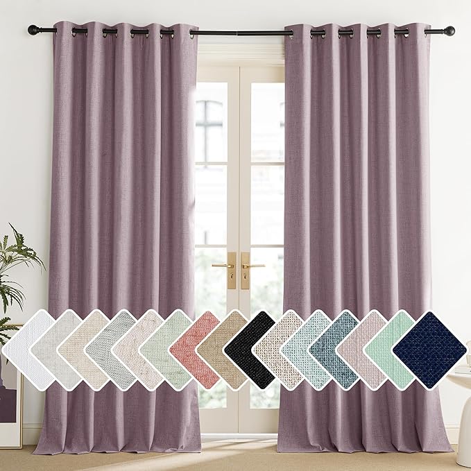 NICETOWN Chaise Mauve Vintage Linen 100% Blackout Curtains for Living Room, Thermal Insulated Curtains 102“ Long, Noise Reducing Window Treatment Drapes for Home Office, 62" Wide Per Panel, Set of 2