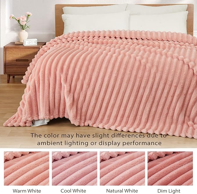 Exclusivo Mezcla Fleece Throw Blanket for Couch, Super Soft Striped Jacquard Bed Blanket, Lightweight Fuzzy Cozy for All Seasons, 50x60 Inches, Pink