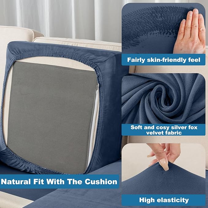 Couch Cover Stretch Velvet Sofa Cushion Cover 2-Piece - Elastic Washable Slipcover for Seat or Backrest, Couch Seat Covers for Sofas (Berlin Blue)