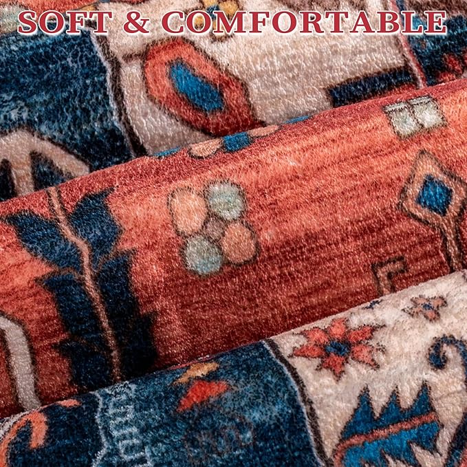 SERISSA Boho Round Area Rug, 6ft Washable Non-Slip Circle Rug, Ultra Soft Oriental Vintage Rust Low-Pile Circular Carpet for Bedroom Entryway Kids Room Office College Dorm Living Room