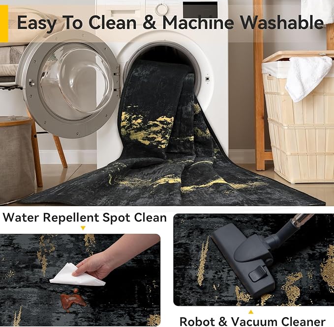 Washable Area Rugs 3x6 Non-Slip Modern Abstract Soft for Living Room Entryway Bedroom Nursery, Print Pattern, Dark Black Gold