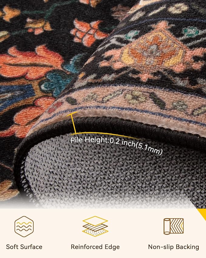 Area Rugs 2'x10' Runner Rug Non Slip Washable for Kitchen Hallway Bedroom Beside Laundry Room Bathroom Rug, Floor Carpet, Black Colorful Floral Dark Tan