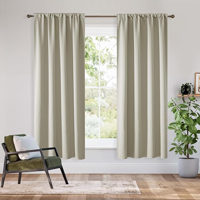 RYB HOME Bedroom Blackout Curtains 54 inches Long, 100% Blackout Thermal Insulated Noise Reducing Curtains for Living Room Nursury, 42 inches Wide by 54 inches Long, Natural
