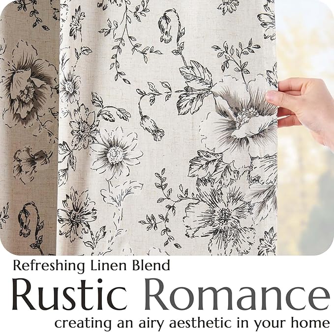 jinchan Blackout Floral Curtains for Living Room Bedroom Linen Blend Curtain Farmhouse Black Printed with Lined Back Tab Rod Pocket Drapes Window Treatments 2 Panels 102 Inch