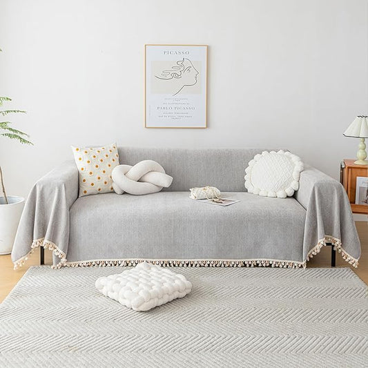 HANDONTIME Grey Sofa Cover for Couch Boho Couch Cover for 3 Seat Couches Dog Couch Cover Love Seat Couch Covers Light Grey Sectional Cover 91" X118" Tassel Chenille Herringbone Sofa Covers