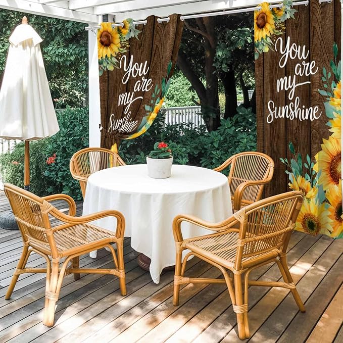 Summer Outdoor Curtains for Patio Sunflowers Eucalyptus Leaves Wood Waterproof - Image 4