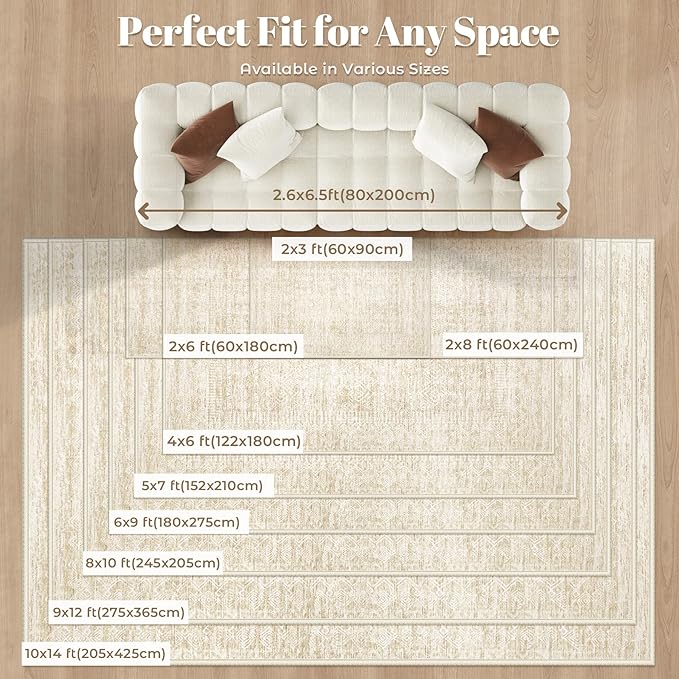 Living Room Rugs 8x10: Washable Moroccan Geometric Boho Rug Farmhouse Non Slip Stain Resistant Large Rug Low Pile Soft Carpet for Bedroom Dining Room Children Room (Beige,8'x10')
