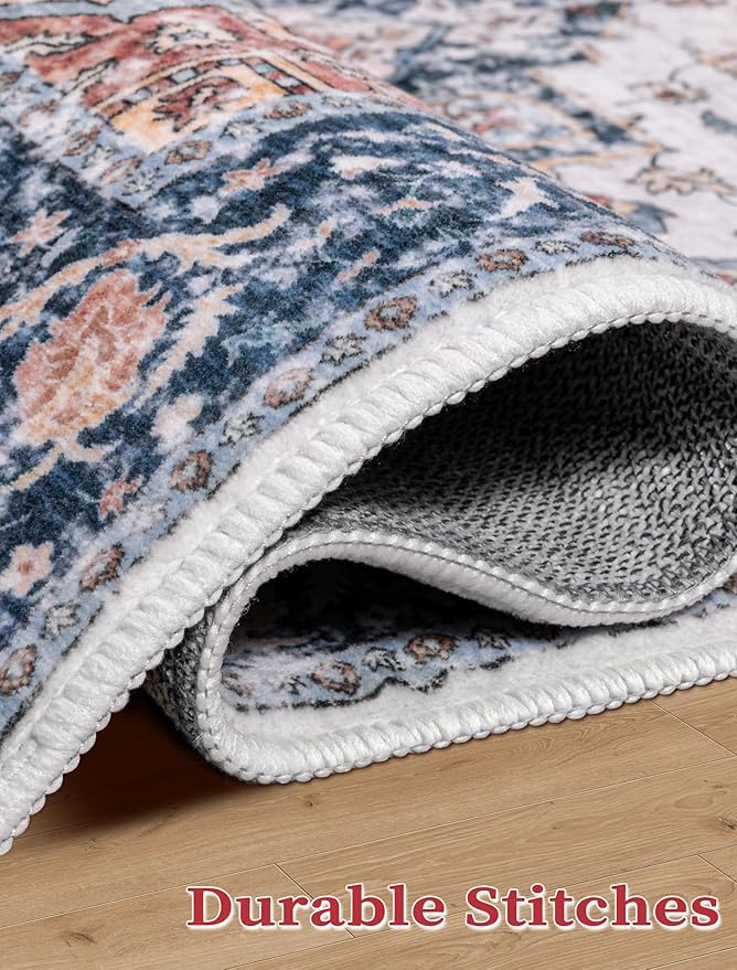 SERISSA Boho Kitchen Runner Rug, 3x7 Washable Non-Slip Runner Rug for Hallways Kitchen Rug, Ultra Soft Vintage Blue Orange Print Distressed Tribal Floor Carpet Runner for Bedroom Entryway Laundry Room
