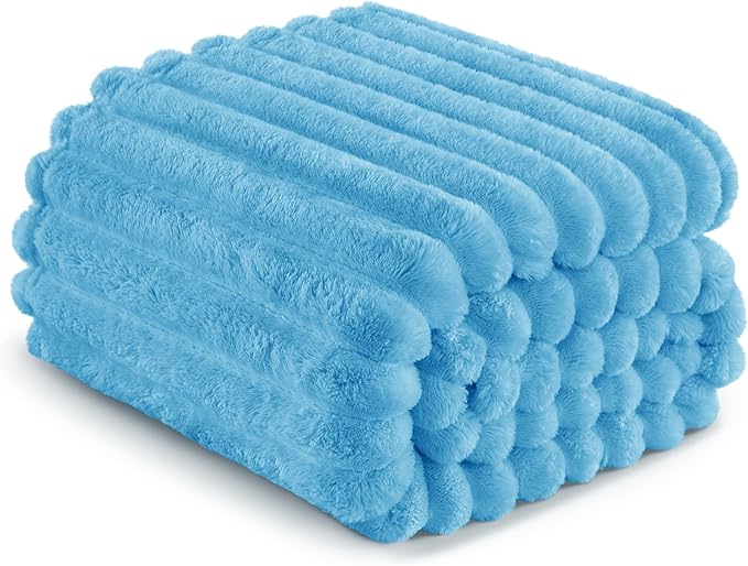 Exclusivo Mezcla King Size Flannel Fleece Blanket, Super Soft Striped Jacquard Bed Blanket, Lightweight Fuzzy Cozy for All Seasons, 90x104 Inches, Blue