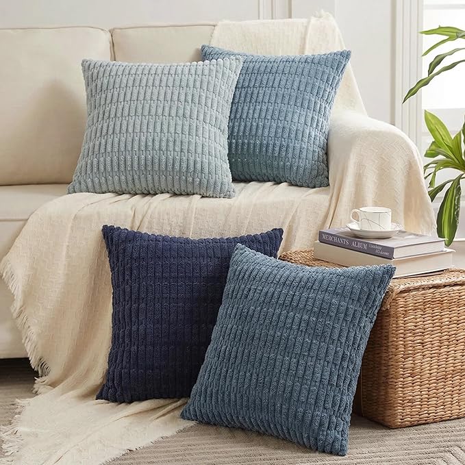 Fancy Homi Set of 4 Blue Boho Decorative Throw Pillow Covers 26x26 Inch for Couch Bed Sofa, Aesthetic Modern Bohemian Room Decor, Fuzzy Fluffy Cozy Corduroy Textured Coastal Blue Cushion Case 66x66cm
