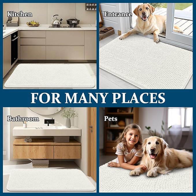 OLANLY Dog Door Mat for Muddy Paws 59x35, Absorbs Moisture and Dirt, Absorbent Non-Slip Washable Doormat, Quick Dry Chenille Mud Mat for Dogs, Entry Indoor Entryway Carpet for Inside Floor, Ivory