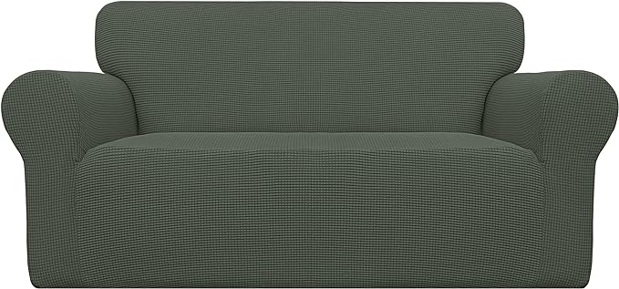 Easy-Going Stretch Loveseat Slipcover 1-Piece Sofa Cover Furniture Protector Couch Soft with Elastic Bottom for Kids Polyester Spandex Jacquard Fabric Small Checks (Loveseat, Olive Green)