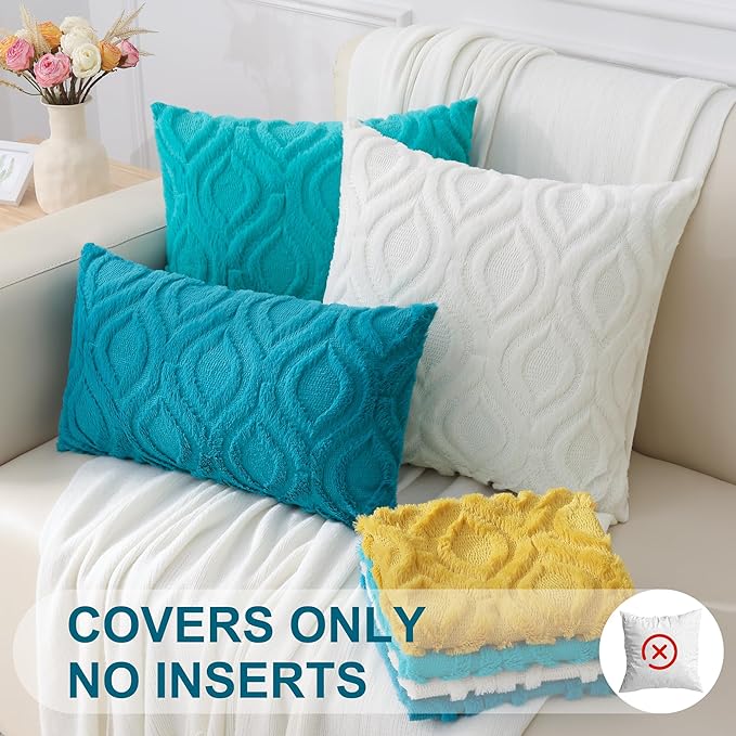 decorUhome Summer Throw Pillow Covers 22x22 Inch Set of 2, Soft Plush Faux Wool Teal Solid Couch Pillow Covers, Accent Euro Sham Farmhouse Neutral Square Pillow Cases for Sofa Bed Living Room