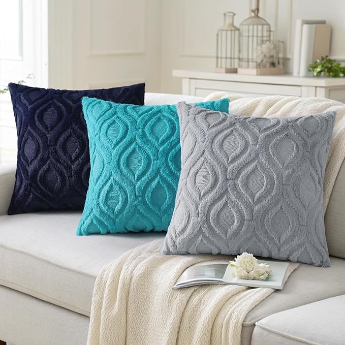decorUhome Throw Pillow Covers 20x20 Inch Set of 2, Soft Plush Faux Wool Blue Grey Solid Couch Pillow Covers, Accent Farmhouse Neutral Square Pillow Cases for Sofa Bed Living Room