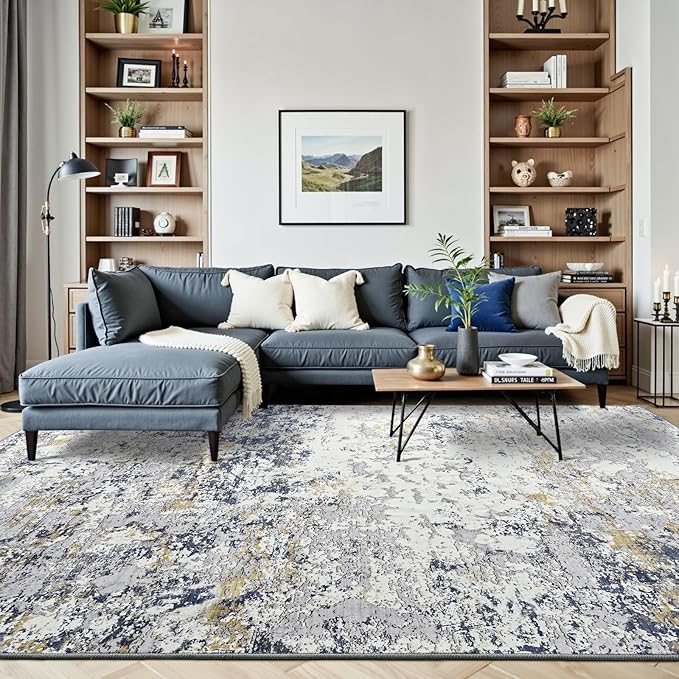 Toneed Abstract Area Rug Modern Washable Rug Soft Non Slip Rug Low Pile for Bedroom Living Room Dining Room Blue 6x9 Feet
