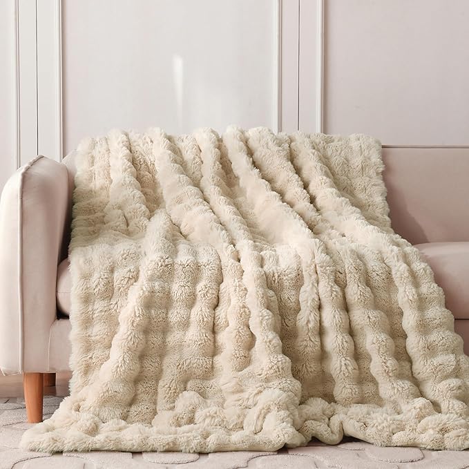 COOVA Faux Fur Throw Blanket for Couch, Cozy Soft and Fuzzy Plush Rabbit Fur Bubble Blanket for Sofa Bedroom Living Room, 50x60 Inches Light Taupe