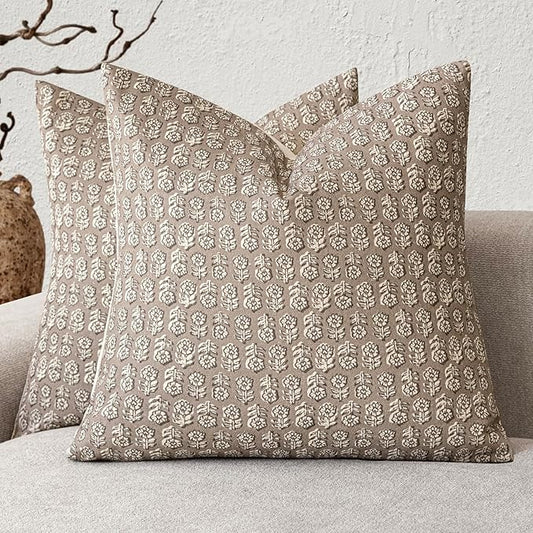 Foindtower Set of 2 Decorative Vintage Floral Print Throw Pillow Covers Neutral Modern Farmhouse Cushion Covers Boho Home Decor for Sofa Chair Couch Bedroom Living Room,18×18 Inch,Tan Taupe