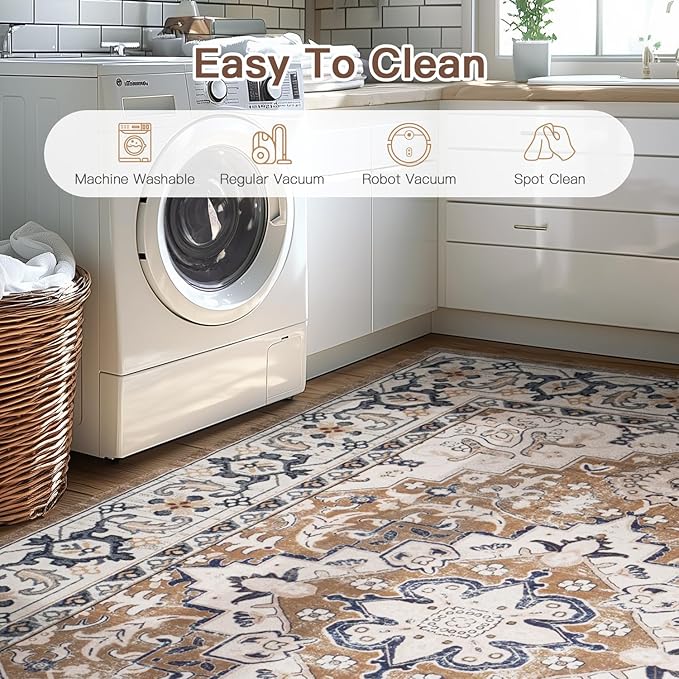 Lofus 5x7 Area Rugs for Living Room, Washable Area Rug, Rugs for Bedroom, Kitchen, Vintage Boho Carpet, Soft Non-Slip, Low Pile Large Area Rug for Office Dining Room, Floral Brown