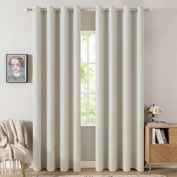 MIULEE Linen Texture Curtains for Bedroom Light Cream 100% Blackout Thermal Insulated Linen Curtains Grommet Room Darkening Draperies for Living Room Nursery 52x96 Inch (2 Panels)