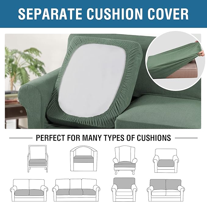 H.VERSAILTEX 4 Piece Stretch Sofa Covers for 3 Cushion Couch Covers for Living Room Furniture Slipcovers (Base Cover Plus 3 Seat Cushion Covers) Upgraded Thicker Jacquard Fabric (XL Sofa, Loden Frost)