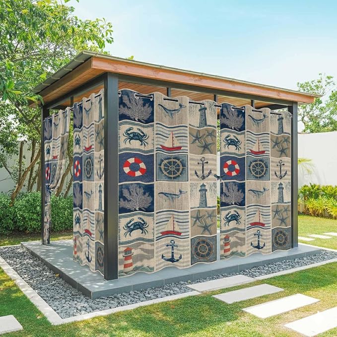 Oceans Outdoor Curtains for Patio Shell Starfish Whales Summer Vintage by Unknown