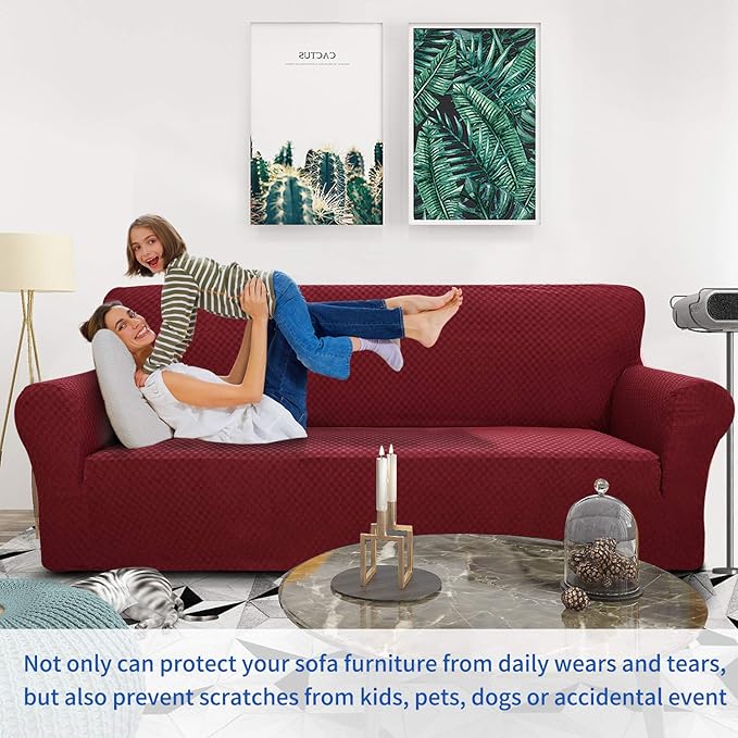 ZNSAYOTX 1 Piece Jacquard Couch Covers for 3 Cushion Couch Living Room High Stretch Sofa Cover Pets Dogs Friendly Anti Slip Thickened Slipcovers Furniture Protector (Sofa, Wine Red)