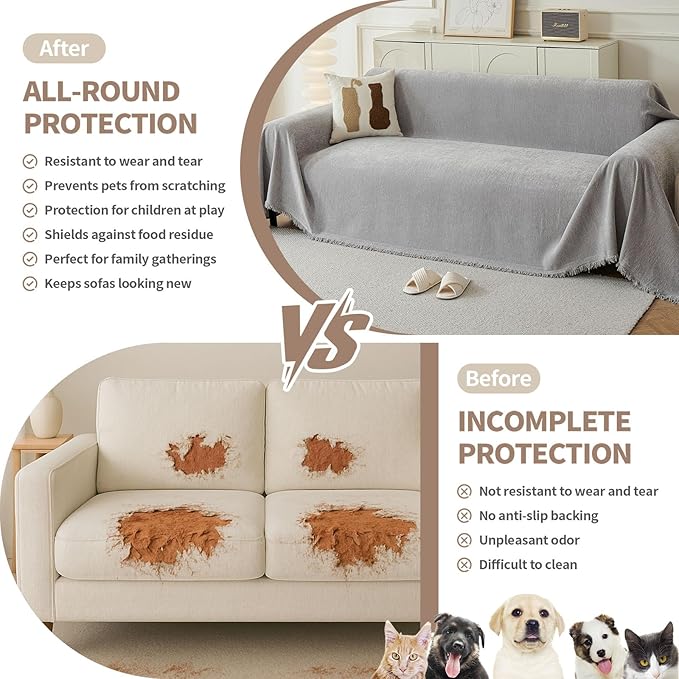 Couch Cover for Dogs, Boho Sofa Covers for 3 Cushion Couch, Chenille Sofa Slipcover for Pets Washable, L-Shape Sectional Couch Loveseat Cover Soft Throw Blankets with Tassels(91x134,Grey)