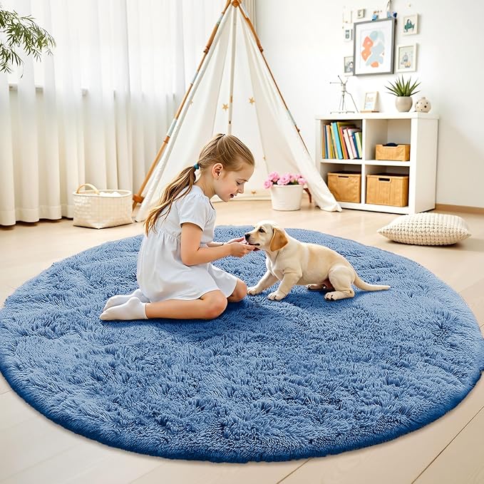 OLANLY Blue Round Rugs for Bedroom - Machine Washable, 8 ft Circle Area Rugs for Living Room, Soft and Fluffy Shaggy Carpet for Teen Girl and Boys, Nursery Rooms, Dorms, Home Decor Aesthetic