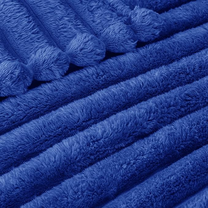 Exclusivo Mezcla King Size Flannel Fleece Blanket, Super Soft Striped Jacquard Bed Blanket, Lightweight Fuzzy Cozy for All Seasons, 90x104 Inches, Cobalt Blue